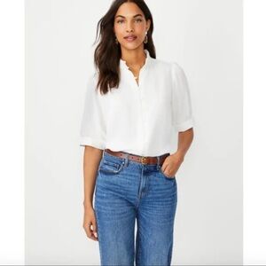 Ann Taylor Pleated Mock Neck Button Top Ivory white Size Large L